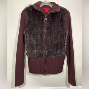 Yarns Mod-O-Doc Women's Medium Fur Jacket Knit Zip Rabbit Brown Y2K Mobwife